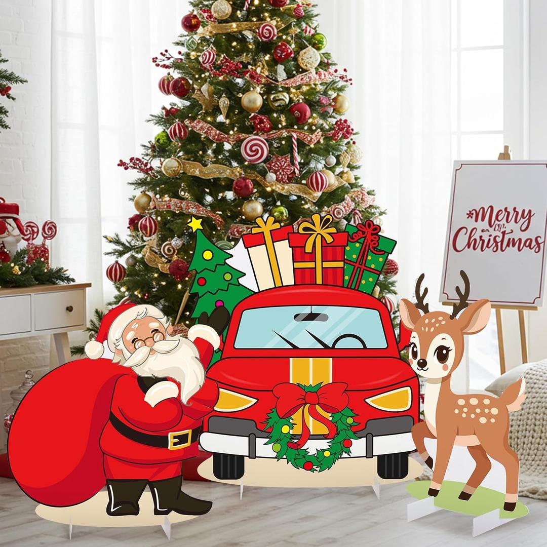 Soulchen 3 Pcs 35.4 Inch Large Christmas Photo Booth Props Santa Claus Reindeer Xmas Bus Backdrop Cardboard Cutout Christmas Party Decorations for Winter New Year Holiday Party Supplies