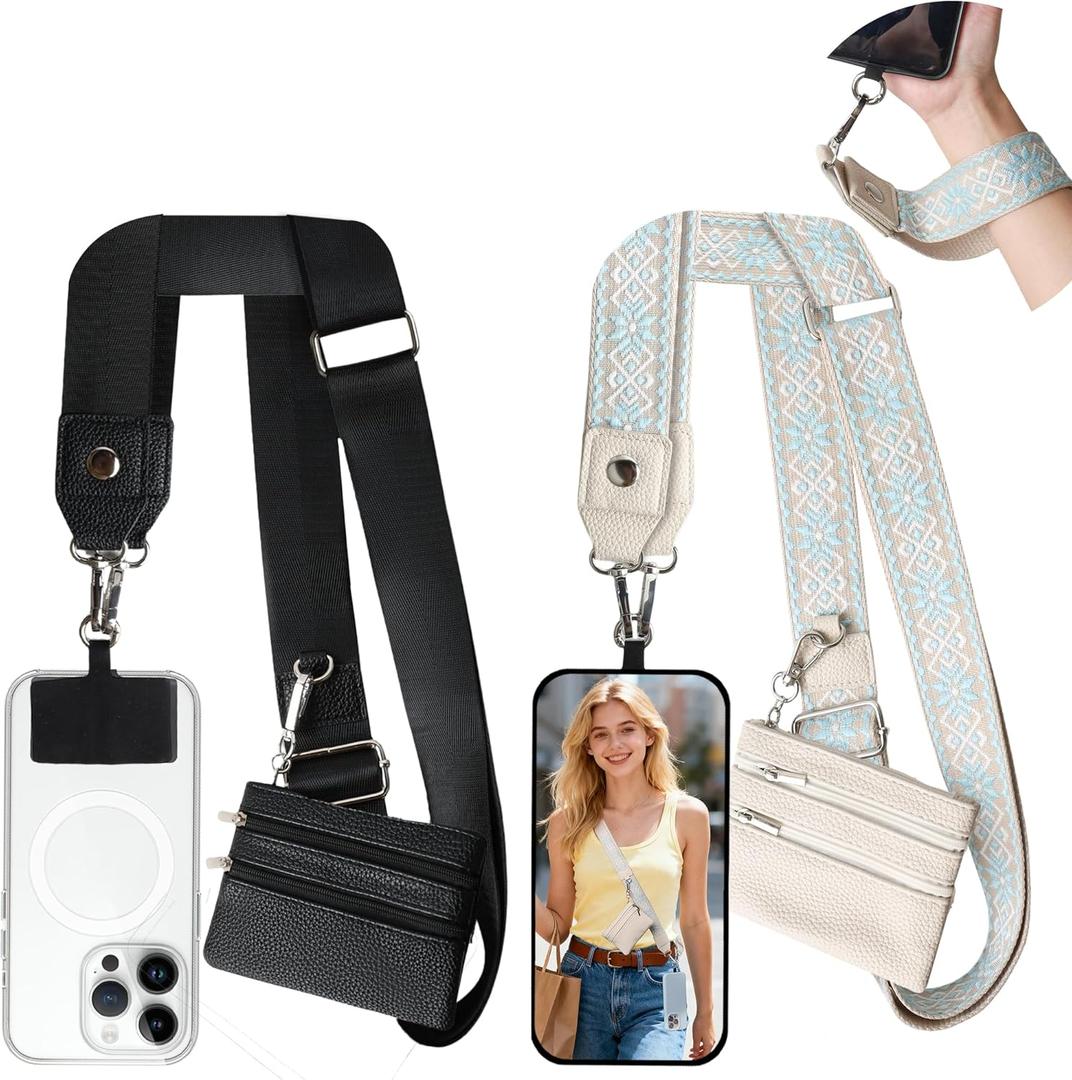 PUGPIU 2 Pack Clip and Go Strap for Phone with Wallet Crossbody - Phone Strap Crossbody with Zippered Pouch, Multifuctional Adjustable Cell Phone Lanyard for Going out (Black + Beige)
