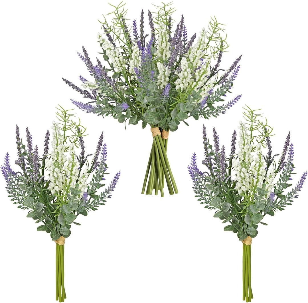 Hollyone 3 Bundles Fake Flowers Artificial Lavender Stems Bouquet Faux Plastic Purple Dried Lavender Flowers Plants for Vase DIY Wedding Floral Arrangement Home Table Centerpieces Indoor Outdoor Decor