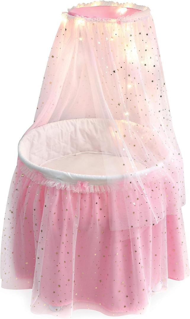 Badger Basket Enchanting Sweet Dreams Round Doll Bassinet with Canopy and LED Lights for 18-Inch Dolls  A Magical Sleeping Space