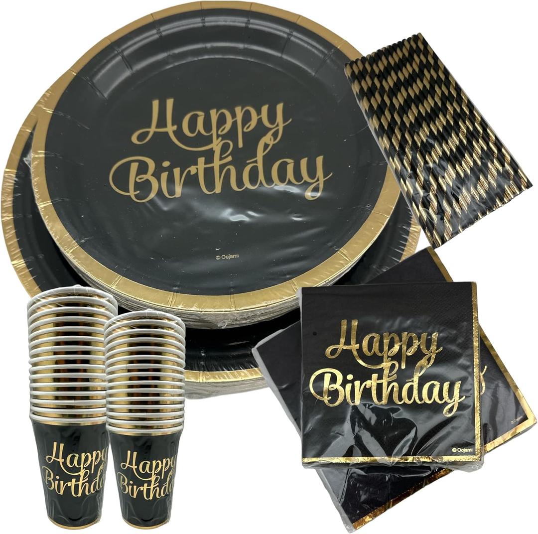 Oojami 180-Piece Happy Birthday Party Supplies Set  Serves 30 Guests with 9" Dinner Plates, 7" Dessert Plates, 12 oz Cups, and 3-Ply Napkins  Gold Foil Disposable Tableware Party Pack