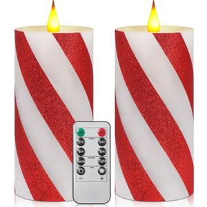 Retisee 2 Pcs Candy Cane Flameless Candles Striped Flickering LED Real Wax with Remote Timer Battery Operated Fake Candle Wide Glitter Stripe Pillars for Party Decor(3" X 6",Red)