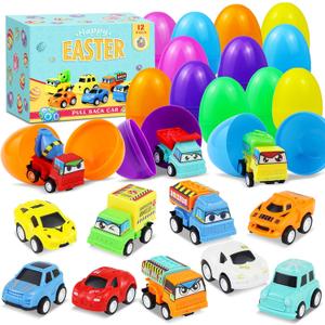 12PCS Pre Filled Easter Eggs Car Gifts for Kids with Pull-Back Cars, Trucks; Easter Basket Stuffers, Egg Hunt Supplies, Party Favors, Classroom Rewards; Multicolour, Unisex, 3+ Years