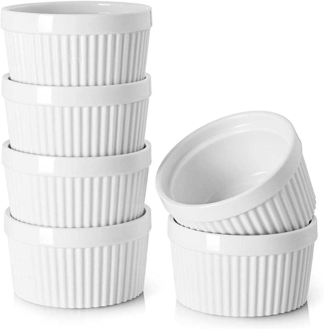 DOWAN Ramekins 12 oz Oven Safe, Creme Brulee Ramekin Souffle Dishes for Baking, Porcelain Small Bowls for French Onion Soup, Dessert Custard Cups, Sauce Dish, Set of 6, Soft White