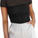 REORIA Women's Sexy Mock Turtle Neck Short Sleeve Shirts Sheer Mesh Ruched Trendy Going Out Bodysuits Tops (Medium, Black)