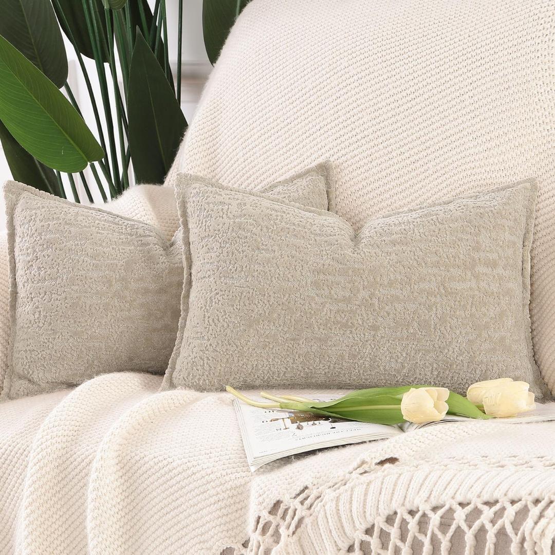 MADIZZ Pack of 2 Chenille Velvet Throw Pillow Covers 12x20 Inch Light Taupe Soft Neutral Decorative Throw Pillows Accent Boho Cushion Covers for Couch Sofa Modern Farmhouse Home Decor