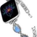 Moolia Turquoise Stone Bracelet Compatible with Apple Watch Band 42/41/40/38/46/45/44/49mm Women Metal Handmade Adjustable Replacement for iWatch Series 11 10 9 8 7 6 5 4 3 2 1 SE/Ultra1/2/3 (Silver/Pearl)