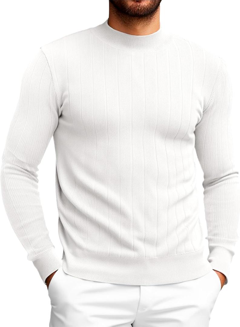 Runcati Mens Mock Turtleneck Sweater Slim Fit Casual Ribbed Knitted Pullover Fall Winter Basic Warm Sweaters (Beige)