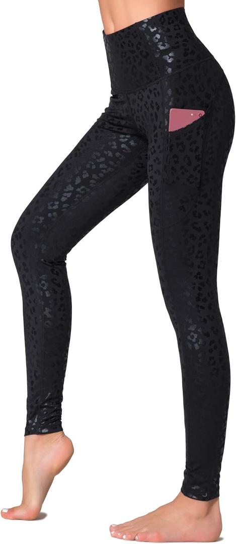 Dragon Fit High Waist Yoga Leggings with 3 Pockets,Tummy Control Workout Running 4 Way Stretch Yoga Pants (Large, Black Leopard)