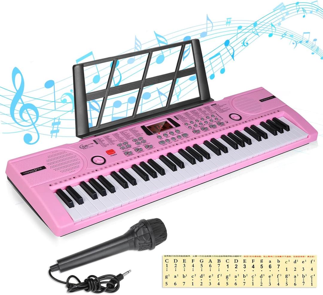 Hricane Piano Keyboard, 61 Keys Beginner Electronic Keyboard Portable Digital Music Keyboard, Early Education Music Instrument with Microphone & Music Sheet Stand (pink)