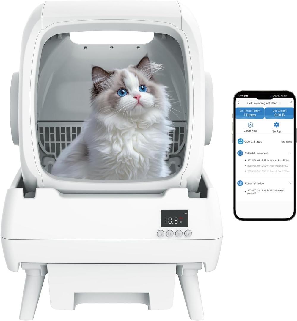 Automatic Cat Litter Box Self Cleaning - App Control, Cat Toilet Records, Suitable for Big Cats, Medium Cats, Kittens and Multi-Cat Families, Anti-Pinch, Low NoiseAssembly Required- White