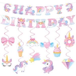 Unicorn Birthday Decorations for Girls, Unicorn Party Supplies with Unicorns Rainbow Happy Birthday Banner & Hanging Swirls, Magical Unicorns Themed Decoration for Baby Shower Girls Birthday Party