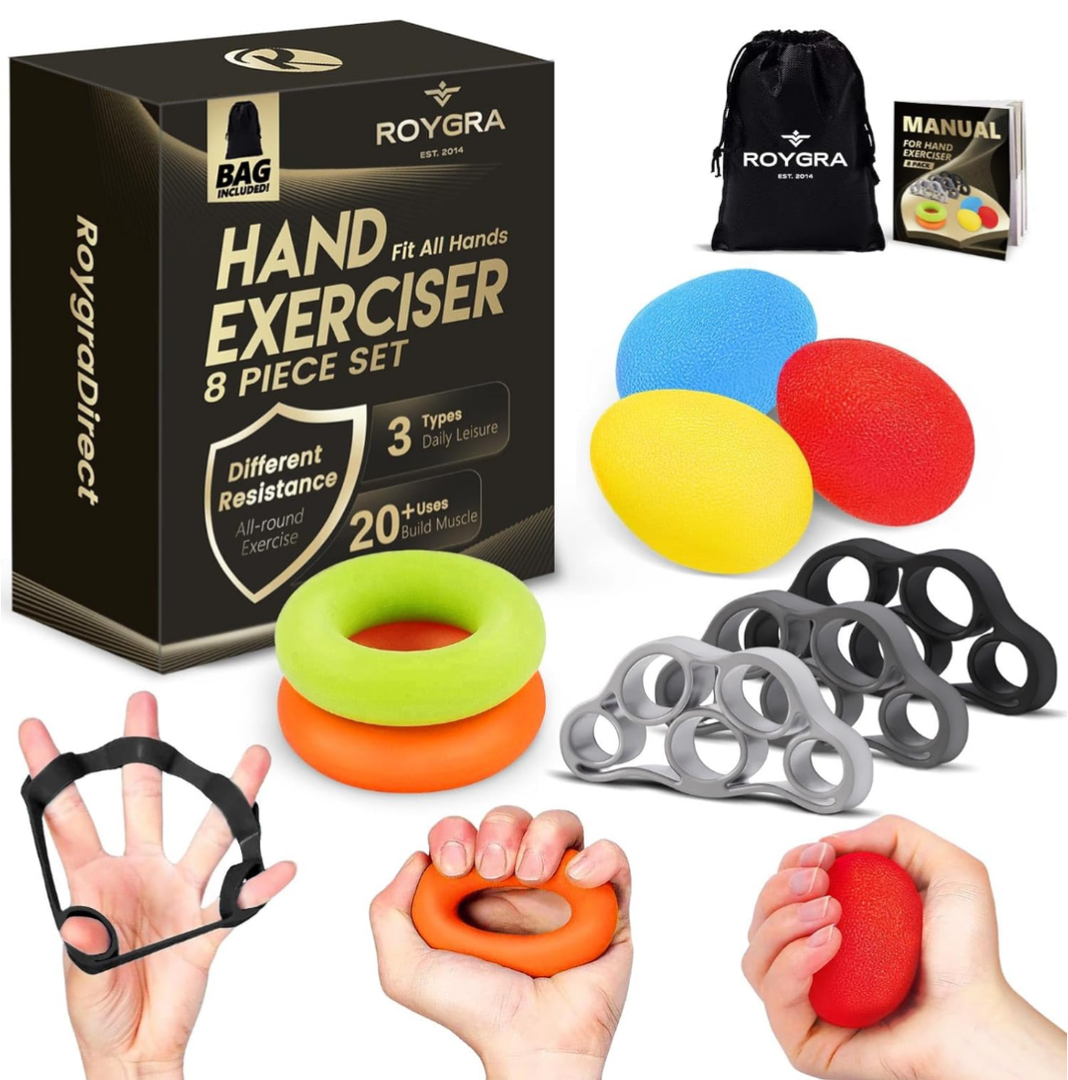 roygra Hand Grip Strengthener, Finger Exerciser, Multiple Resistance Levels Kit - 3 Types, Set of 8