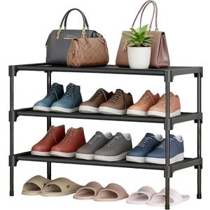 LOFTEY Shoe Rack, 3 Tier Non-Woven Shoe Shelf, Stackable Shoe Rack Organier for Closet, Front Door and Entryway, 28" Wide, Black