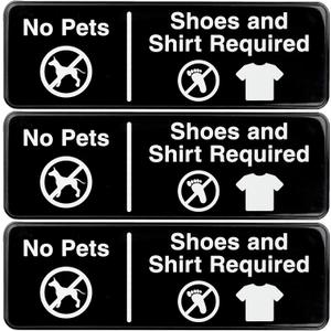 Excello Global Products No Pets, Shoes, Shirt Required Sign: Easy to Mount Informative Plastic Sign with Symbols 9"x3", Pack of 3 (Black)