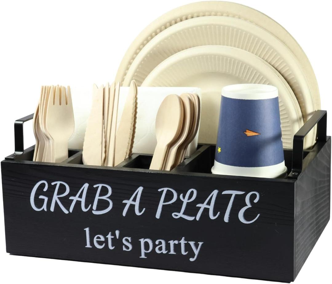 Paper Plate Holder, Utensil Caddy Organizer, Wood Paper Plate Dispenser, Silverware Caddy Holder, and Disposable Coffee Bar Accessories Box for Kitchen Counter, Party, Camping, Picnic (6 compartment)