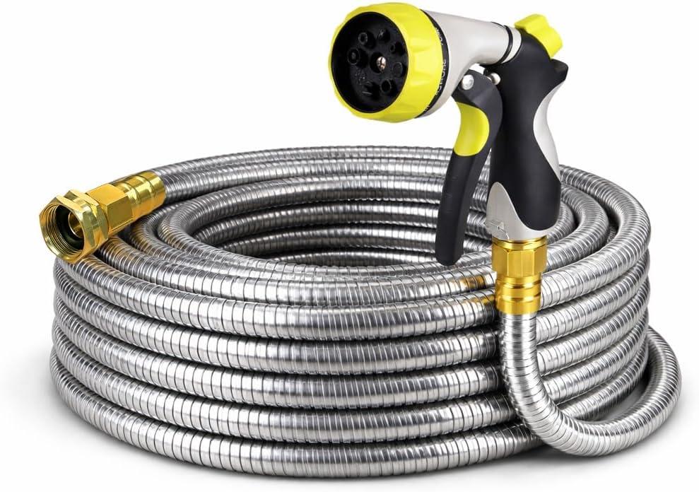 Metal Garden Hose 25 ft 304 Stainless Steel Water Hose with Nozzle Sprayer, Garden Hoses Flexible, Lightweight, No Kink, Heavy Duty for Outdoor (25 ft)