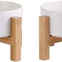 Raised Ceramic Cat Bowl Set - Cat Food and Water Bowls with Bamboo Stand - Elevated Double Dog Dishes for Puppies - Set of 2