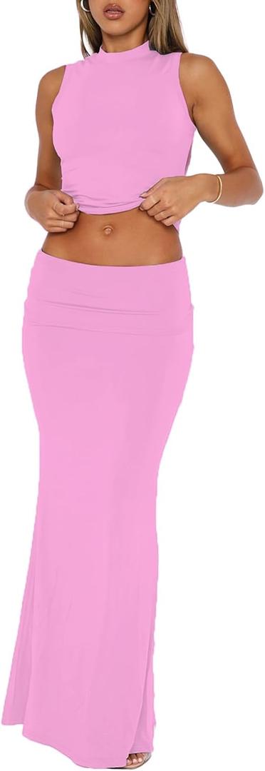 Skirt Sets Women 2 Piece Outfits Summer Going Out Y2K Outfits Two Piece Sleeveless Tank Crop Top Bodycon Maxi Skirts (Pink), XS