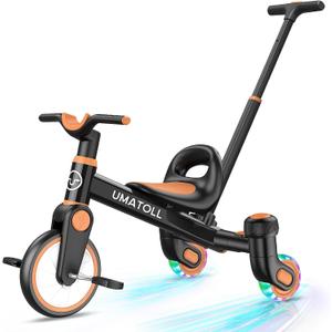 Umatoll 3-in-1 Toddler Tricycle for 18 Months to 5 Year Old, Toddler Toy with Adjustable Push Handle, Gift for Boy Girl Age 2-4, 360 Light-Up Drift Wheels (Black), Small