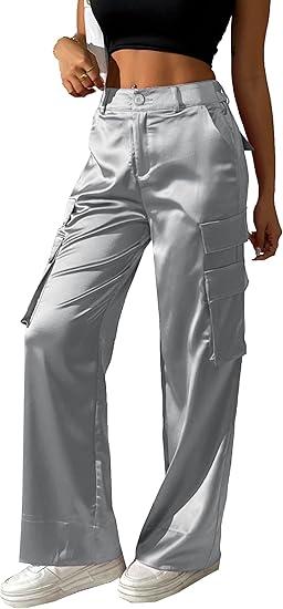 Women's Satin Cargo Wide Leg Pants Silky Party Dressy Casual Pocketed Pant Long Trouser Size M