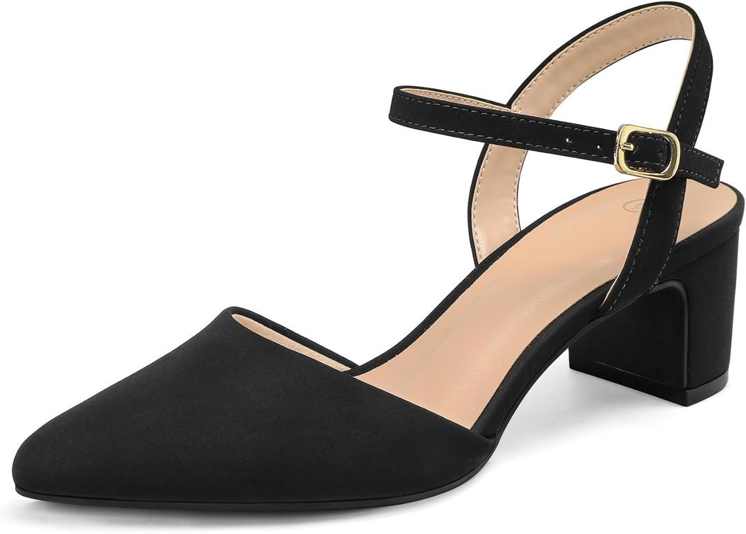 mysoft Women's Pumps 2 Inch Chunky Block Heel Pointed Toe Ankle Strap Slingback Wedding Party Dress Shoes (7, Black Nubuck)
