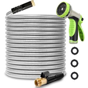75FT Metal Garden Hose 304 Stainless Steel Flexible Water Hose - No Kink & Tangle Heavy Duty Pipe with Nozzle, Durable 3/4 Brass Fittings and Valve - Rust Proof Puncture Proof for Yard Lawn