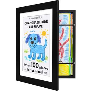 Americanflat Kids Artwork Frame Changeable (Black) - Magnetic Door Holds 100 Art Pieces - 8.5x11 Letter Size Display with Mat or 10x12.5 Without Mat - My Mini Masterpiece