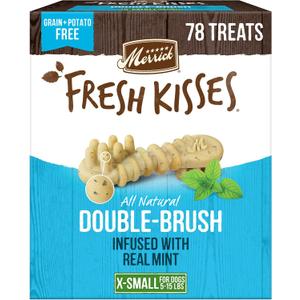 Merrick Fresh Kisses Natural Dental Chews Toothbrush Treat Shape Infused With Real Mint For Tiny Dogs 5-15 Lbs - 78 ct. Box Merrick Fresh Kisses Natural Dental Chews Toothbrush Treat Shape Infused With Real Mint For Tiny Dogs 5-15 Lbs - 78 ct. Box