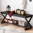 LVB Black Bench, Industrial Entryway Bench with Storage, Indoor Wood and Metal Storage Bench for Living Room Bedroom, Accent Shoe Rack Seating Bench for Hallway Foyer Entrance, Black Oak, 47 inch