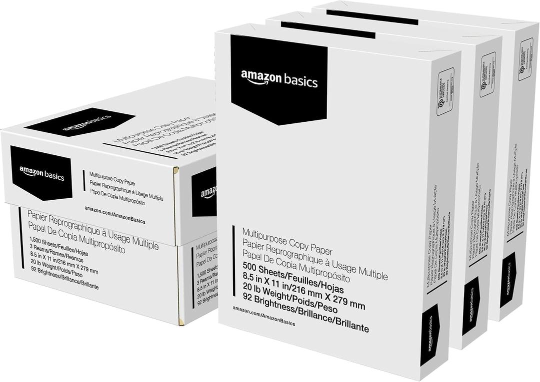 Amazon Basics Multipurpose Copy Printer Paper, 20 lb, 8.5 x 11 Inches, 3 Reams (1,500 Sheets), 92 Bright White for Home Use