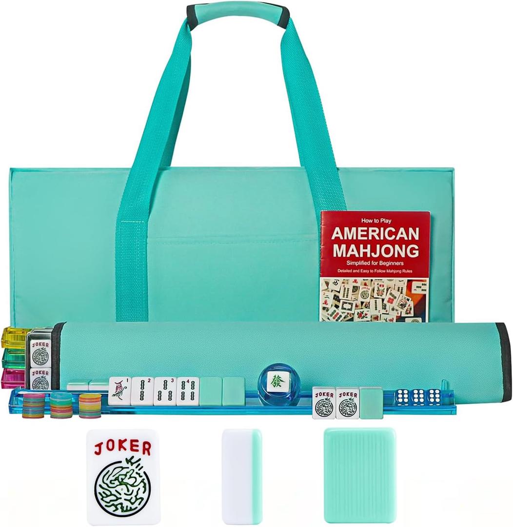 American Mahjong Game Set, 166 Light Green Tiles, 4 All-in-One Color Rack/Pushers, Complete Mahjong Tile Set, Light Green Carrying Bag