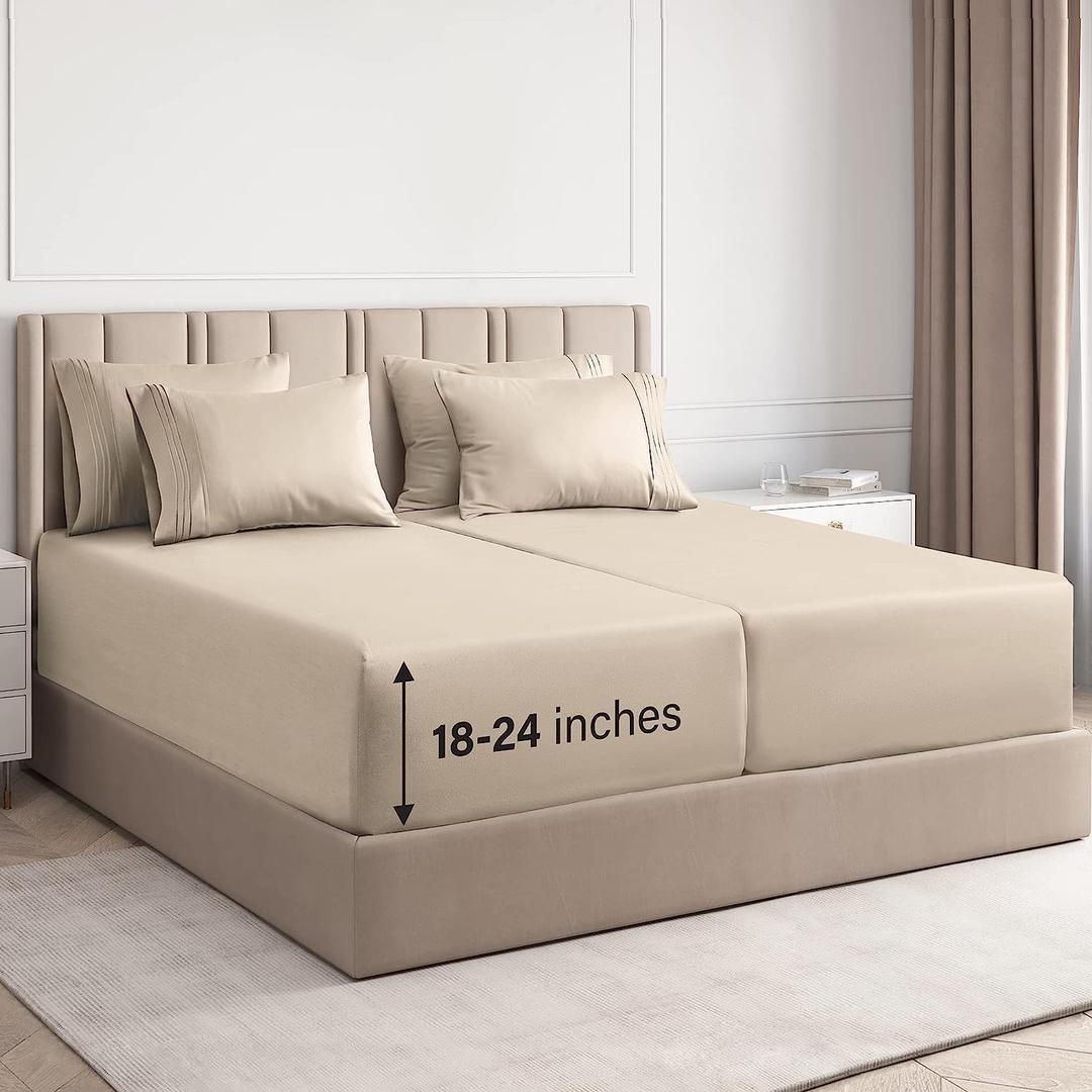 Extra Deep Split King Sheet Set - 7 Piece Breathable and Cooling Sheets - Hotel Luxury Bedding for Women, Men, Kids & Teens - Easy Secure Fit - Soft, Wrinkle Free & Comfy - Extra Deep Pockets - Cream