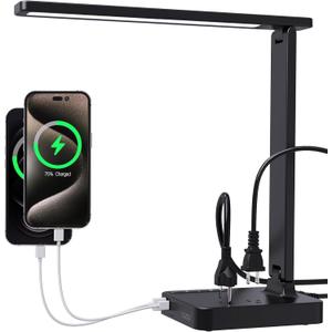 cozoo Desk Lamps for Home Office,Modern LED Desk Lamp for Dorm with 2 USB Charging Ports/Type C Port,2 AC Outlets,3 Lighting Mode,3 Level Brightness,Touch Control/Timer/Eye-Caring Foldable Table Lamp