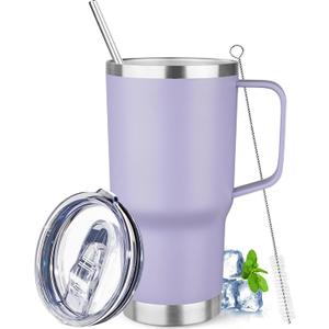 20 oz Tumbler with Handle Stainless Steel Insulated Coffee Mug Tumbler with Lid and Straw Double Wall Vacuum Insulated Coffee Mug Leak Proof Travel Tumbler for Hot and Cold Drink (Pale Purple, count of 8)