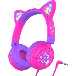 iClever Kids Headphones Cat Ear, LED Light Up, 85dBA Safe Volume, Stereo Sound Toddler Headphones for Travel School, Foldable 3.5mm Wired Kids Headphone for iPad Tablets, Meow Lollipop-Hot Pink