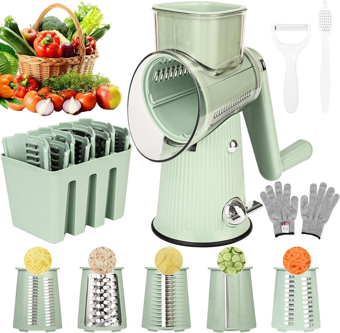 Cheese Grater With Hand Crank Countertop For KitchenGrater Shredder With Handle For Kitchen RotatingVegetable SlicerNuts Grinder Cheese Shredder with Clean Brush(5 Blades Matcha Color) (Large)