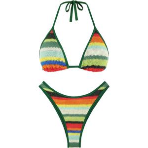 seamoly Womens Bikini Sets Halter Triangle High Cut Thong Two Piece Bathing Suit Crochet Colorblock Cheeky Swimsuits Green S