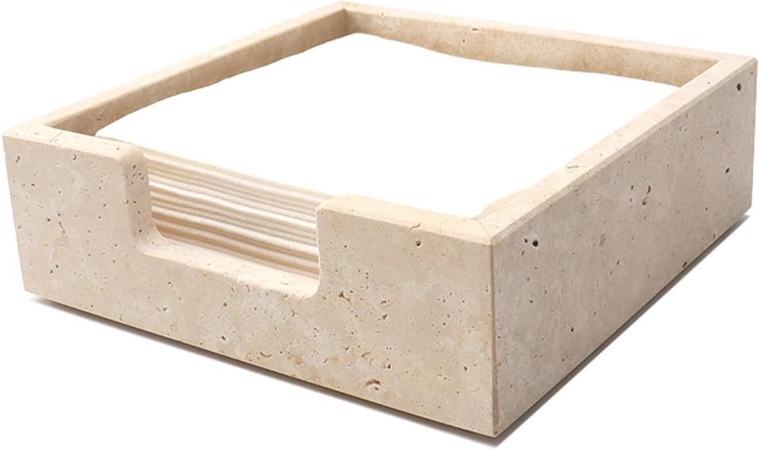 Cocktail Napkin Holder,Travertine Stone Napkin Holders Fit for 5x5 Cocktail-Sized Napkins,Stone Napkin Holder for Table Kitchen Counter Dining Room Party Bar Decor,Beige