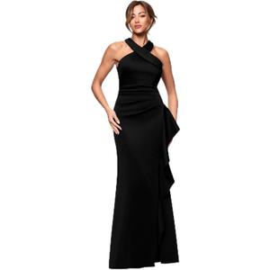 Xscape Women's Techno Scuba Criss Cross Halter Neck Ruffle Floor Length Dress, 4 Petite, Black 