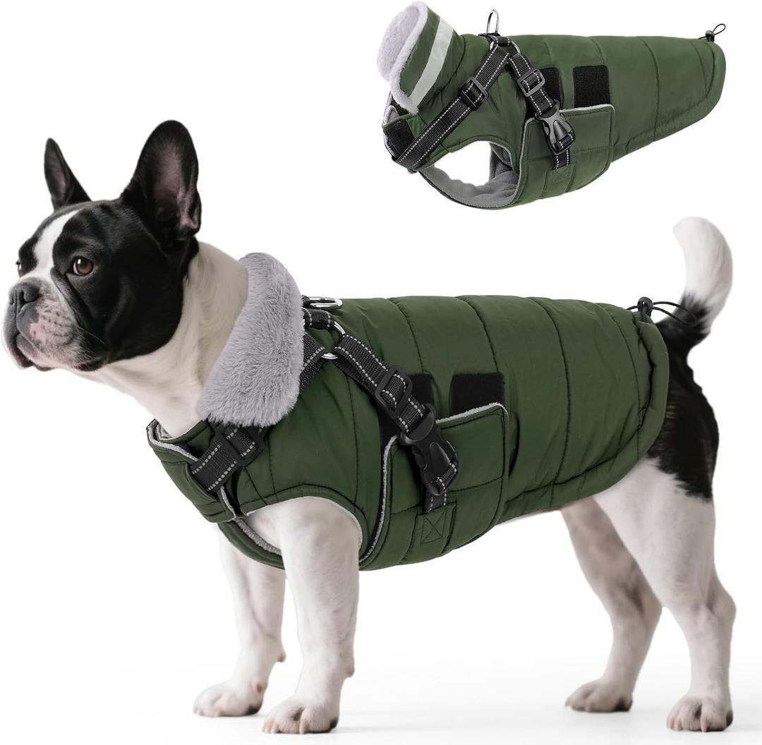 Queenmore Winter Dog Jackets for Medium Dogs with Harness Built-in, Waterproof Puffer Jacket for Snow/Cold Weather, Pet Warm Coat for Doggie Boy/Girl - Fleece Lining Reflective Easy-on, Green M