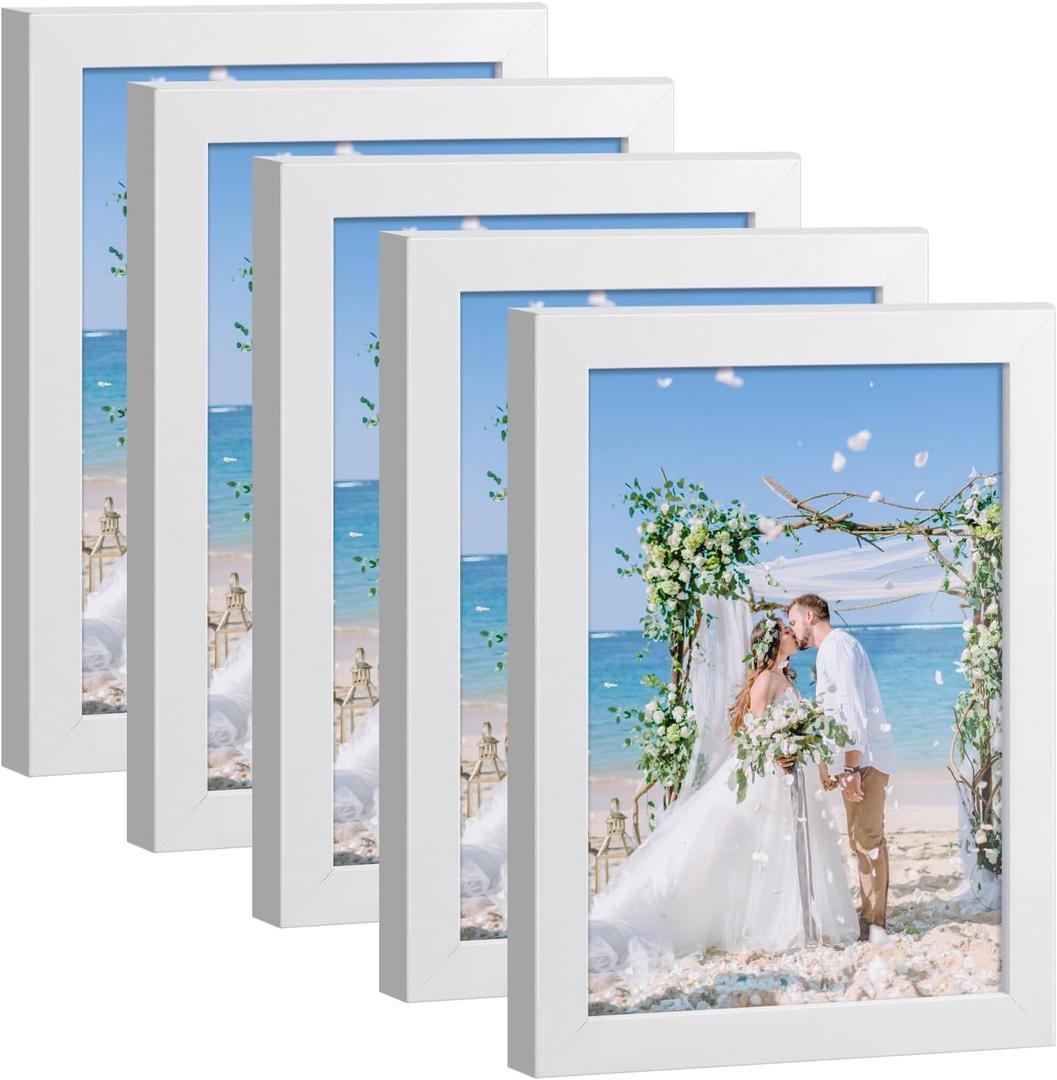 HappyHapi 4x6 Picture Frame Set of 5, White Photo Frames Display Photo 3.5x5 with Mat or 4x6 without, Gallery Wall Frame Set for Wall or Tabletop Display (White)