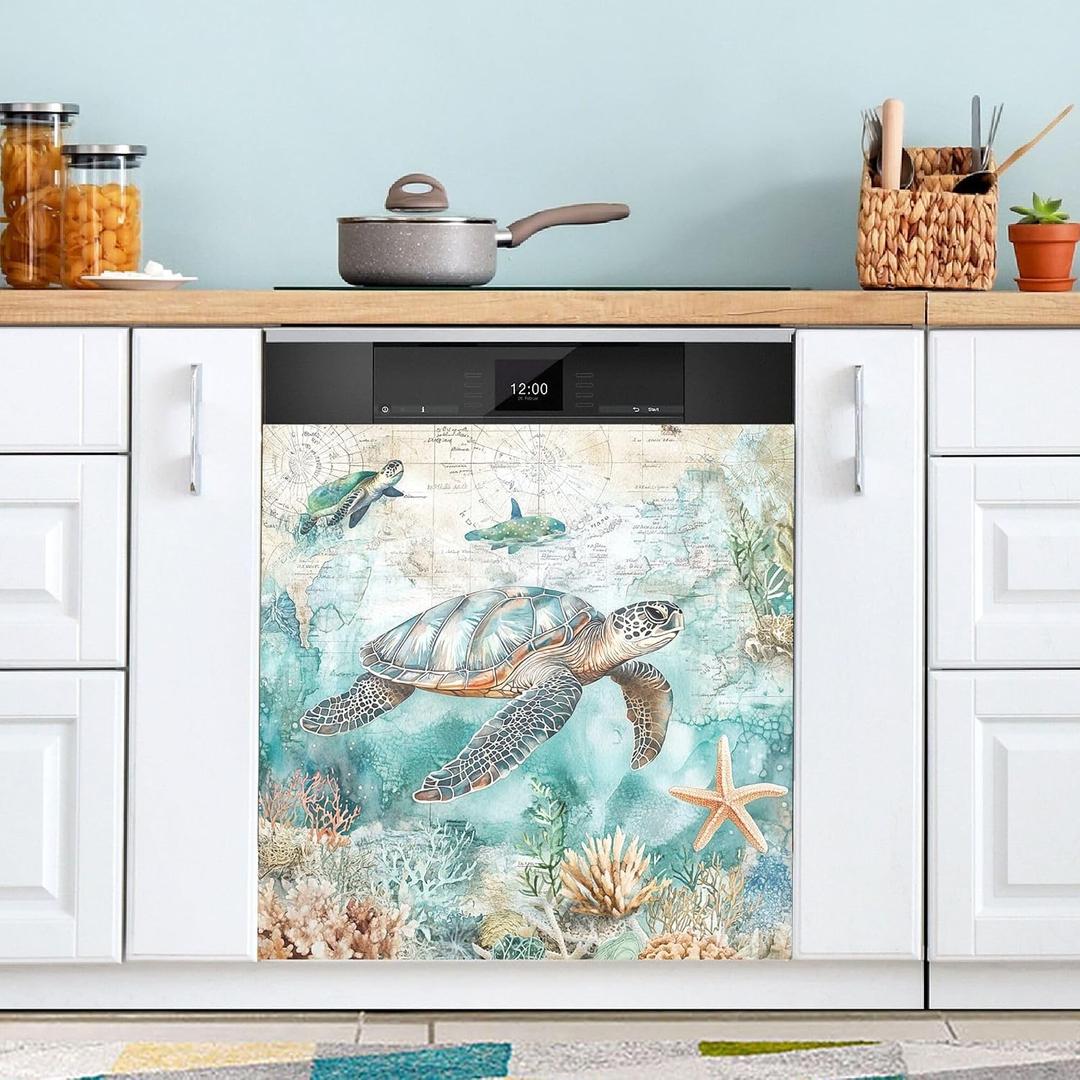 Sea Turtle Coastal Dishwasher Stickers Magnetic Cover Nautical Theme Ocean Starfish Shells Corals Kitchen Fridge Magnet Covers Decals Home Decorations Vinyl Sticker Reusable 23W x 26H inches