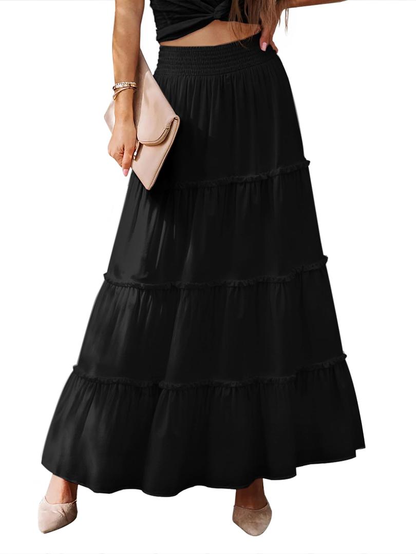LUXVEER Womens Summer Boho Maxi Skirts Smocked High Wasited Flowy Tiered Ruffle A Line Long Beach Skirt Black S (Black, S)