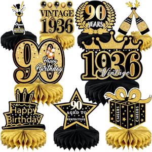 9 Pcs 90th Birthday Decoration for Men Women 90th birthday Centerpieces for Tables Decorations Cheers to 90 Years 1936 Birthday Honeycomb Table Topper Black and Gold 90th Birthday Party Favors