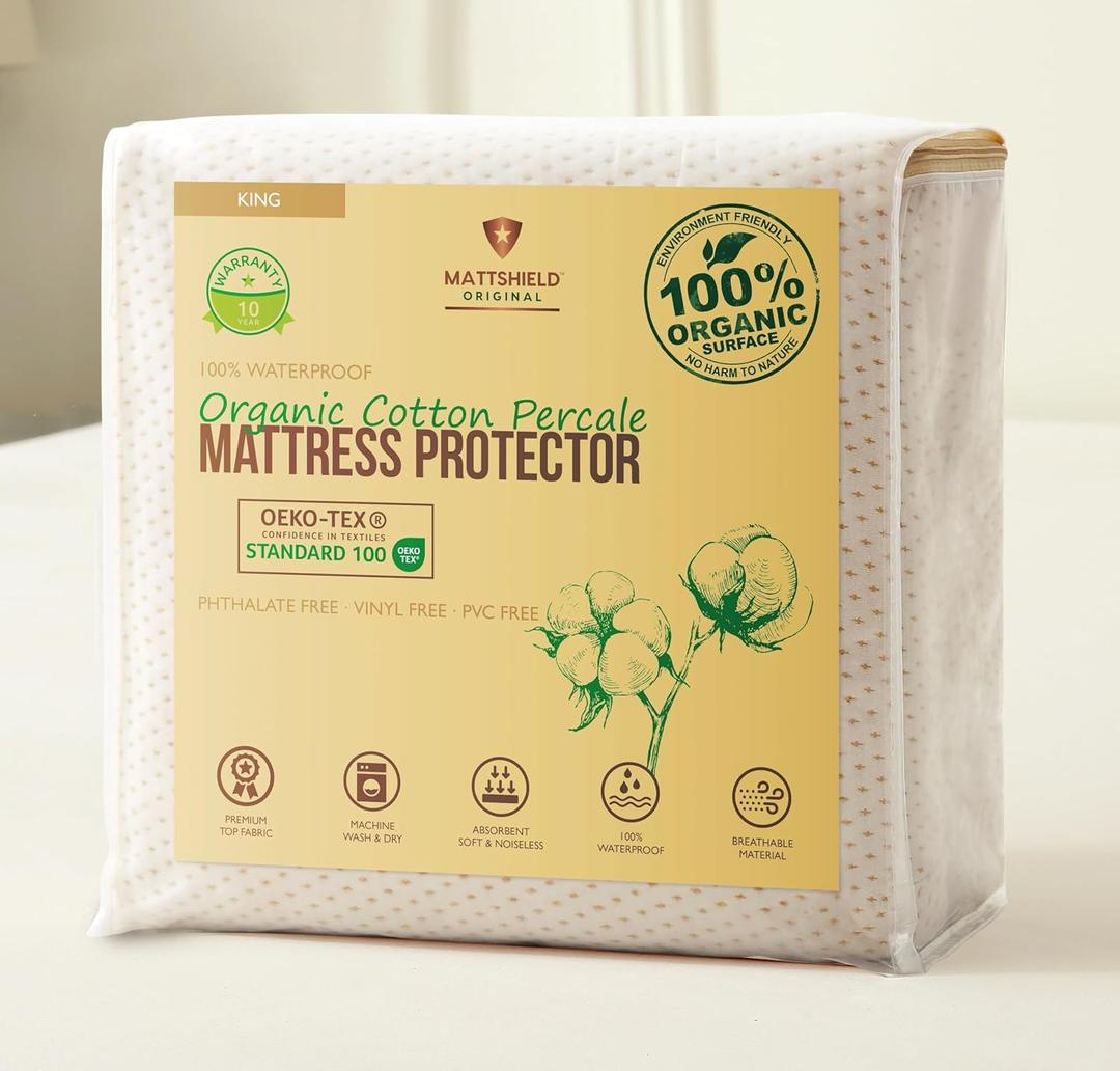 Deluxe Cooling Organic Percale Mattress Protector King Size - 100% Waterproof - Crisp, Breathable Percale Feel - OCS Certified 280GSM 3D Air-Knit Breathable Mattress Pad - Noiseless Deep Pocket