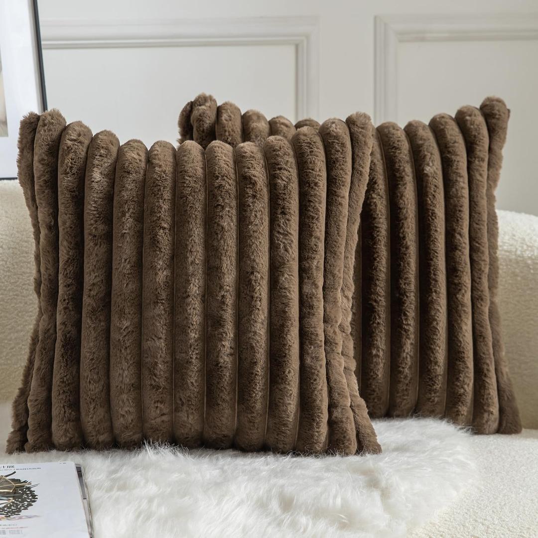 MANDIOO Pack of 2 Decorative Throw Pillow Covers Faux Fur Striped Plush Soft Cushion Covers Pillow Cases Bedroom Living Room Sofa Home 18x18 Inch Dark Brown