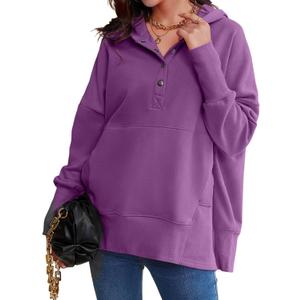 AlvaQ Womens Oversized Sweatshirts Hoodies Fleece Button Neck Hooded Tops Casual Pullover Tunics Winter Outfits 2025 (Large, Violet)