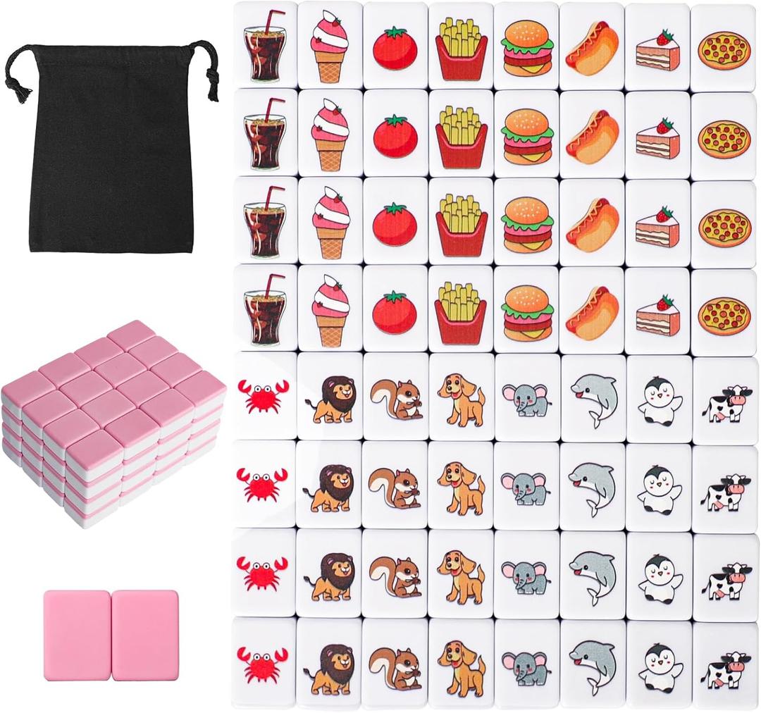 GRACIAS 2 Players Mahjong Block Set for Adult, Mahjong Tile Game with 66 Premium Pink Tiles(30mm) Animal and Food Pattern, Portable Mahjongg Set with A Carry Bag