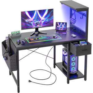 TIQLAB Gaming Desk 40 inch with Power Outlet and LED Light, Computer Desk with Reversible Shelves and Storage Drawer, Small PC Desk for Home Office Table with Bag, Carbon Fiber Black